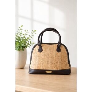 Valmoro Made in Italy Cork Brown Leather Trim Dome Structured Satchel Purse Bag